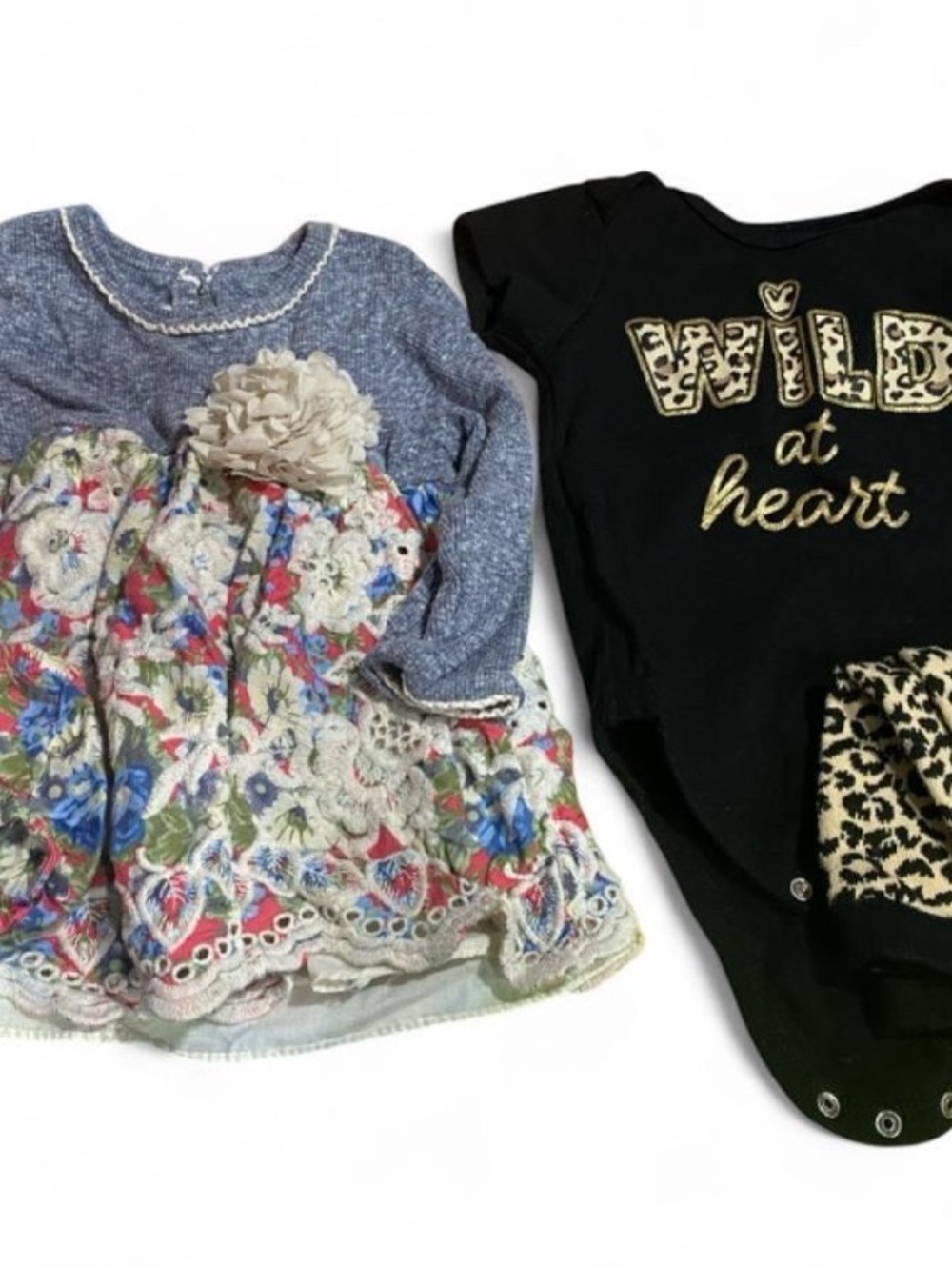 Girls Blue Floral Knit Dress Top with Cream Flower Accent
